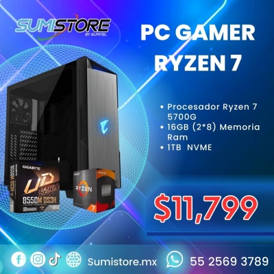 PC RYZEN 7 5700G,MB B550M DS3H,16 GB RAM, 1 TB SSD NVME M.2,FP 550W GIGABYTE 80 BRONZE,GABINTE AOURUS C300 R7